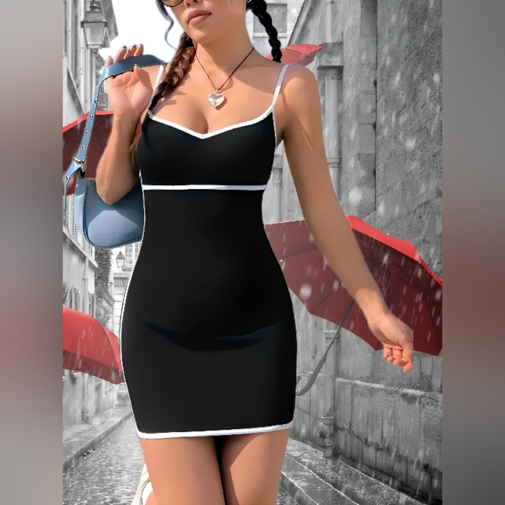 NWT! Elegant Black V-Neck Suspender Dress: SIZE X-LARGE